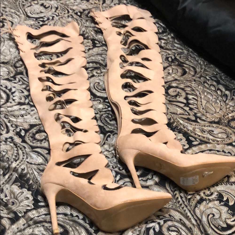 Tan suede thigh high lace up heels